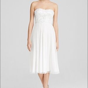 Aqua Strapless Beaded Bodice Tea Length Dress